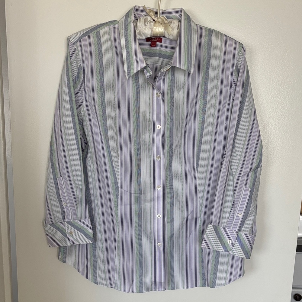 Talbot’s Women's Striped Button down Shirt with crop sleeves - Lavender and Mint